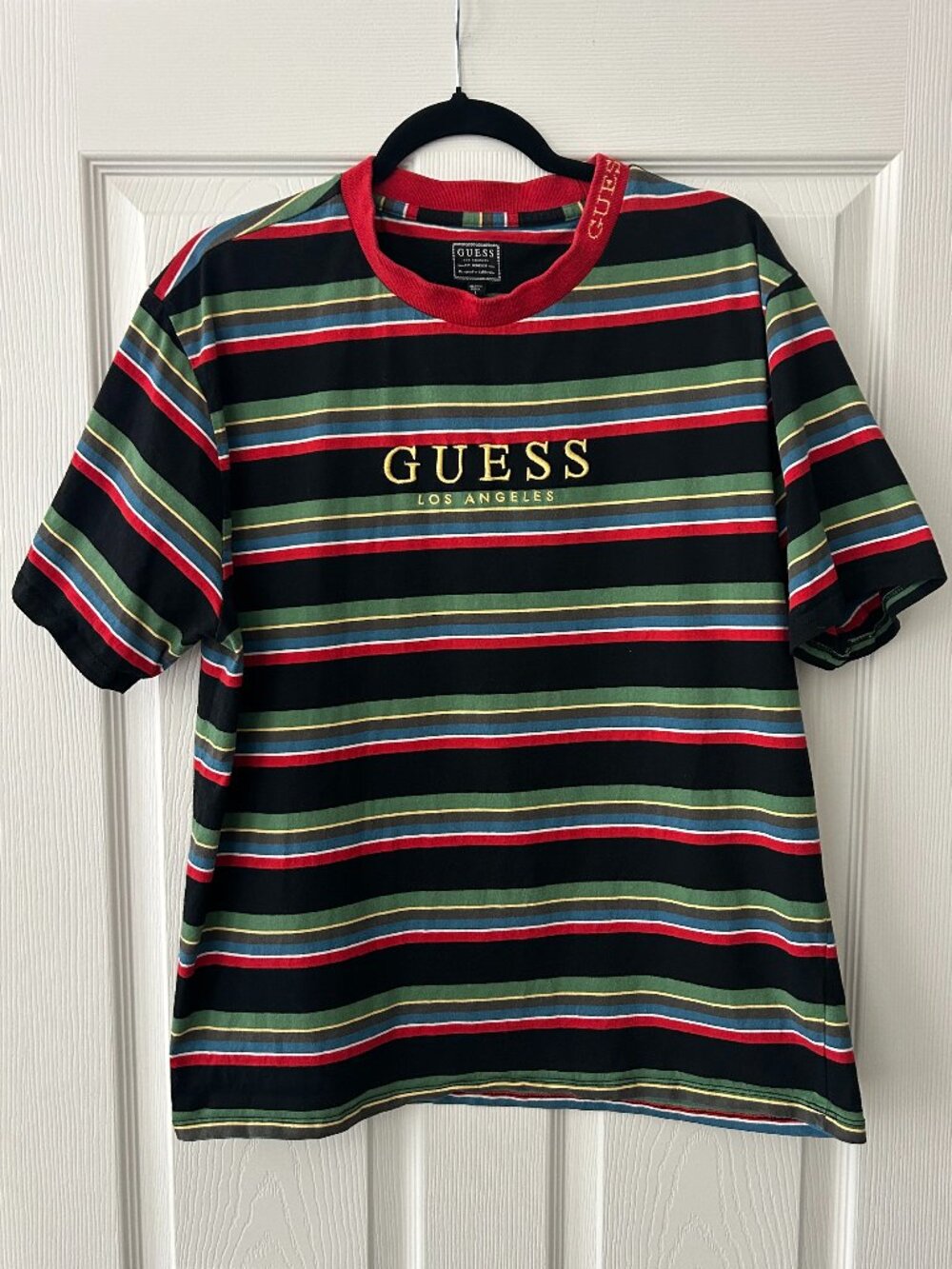Guess Los Angeles Y2K Striped T Shirt Mens L Embroidered Logo Black Red Green